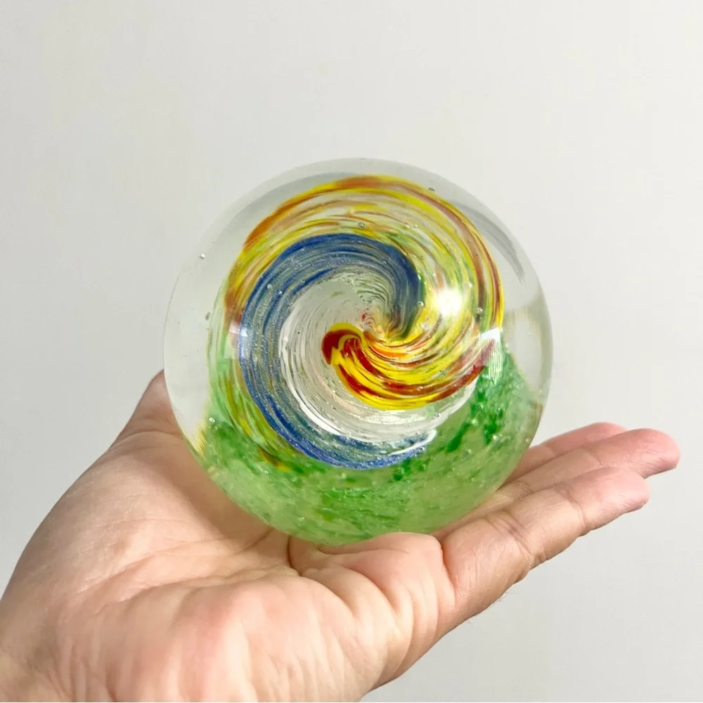 Vintage Pier One Glass Globe Paperweight w Multicolored Swirls Down Middle 2.5lb